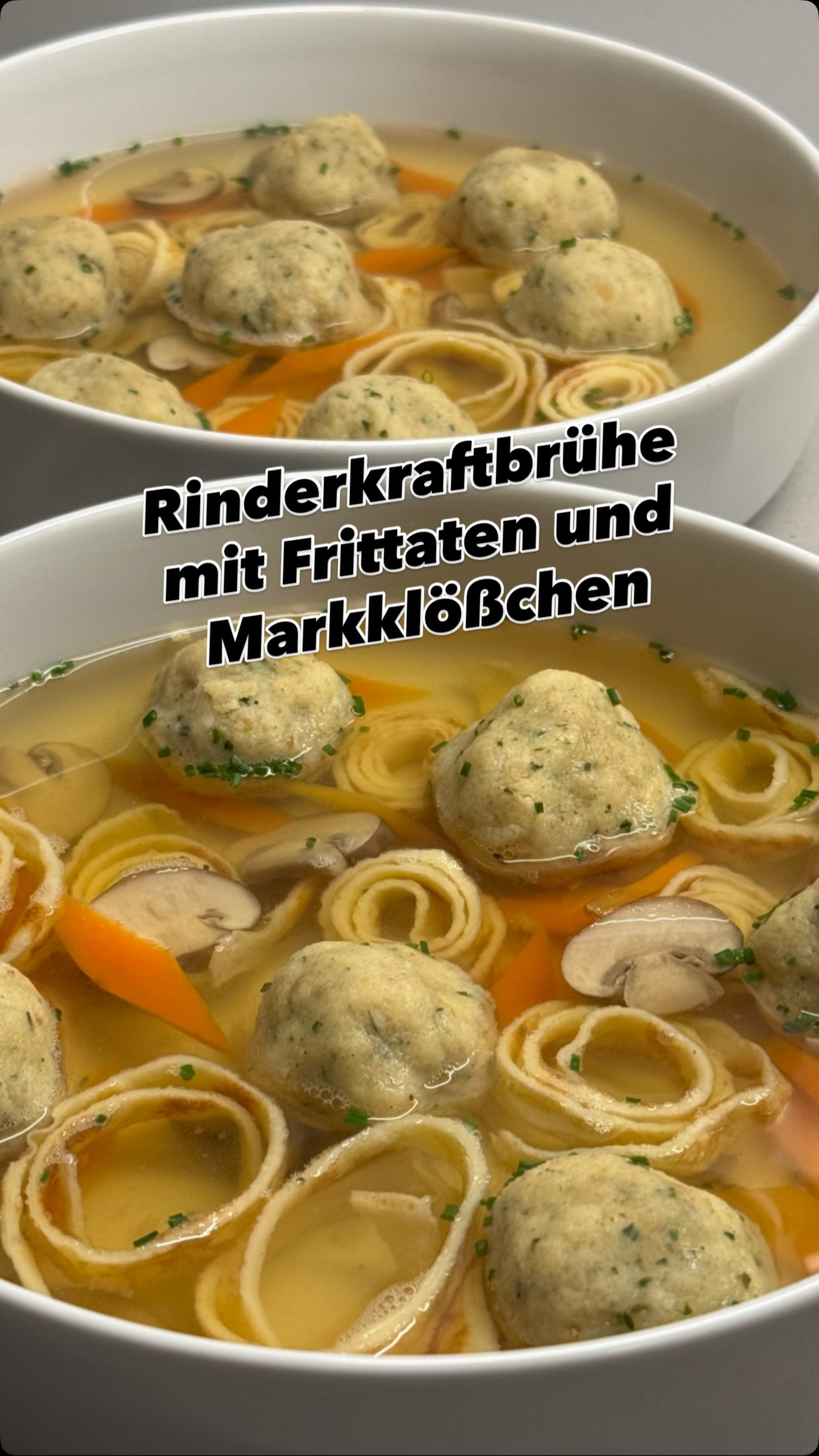 Im Herbst vor 2 Jahren hat Conny auf der Jaufenalm eine tolle Suppe gegessen. Eine klare Rinderbrühe mit Fadennudeln. Nun hab ich ihren Wunsch erfüllt diese Suppe nachkochen. Also hab ich eine Rinderconsommé zubereitet und als Einlage dazu Champignons, Karotten und Markklößchen sowie Frittaten.  Von der restlichen Brühe wird morgen ein Möhreneintopf gekocht, damit haben wir auch in der Woche auf Arbeit ein leckeres Mittagessen.  #rinderkraftbrühe #rinderconsommé #frittaten #markklößchen #suppe