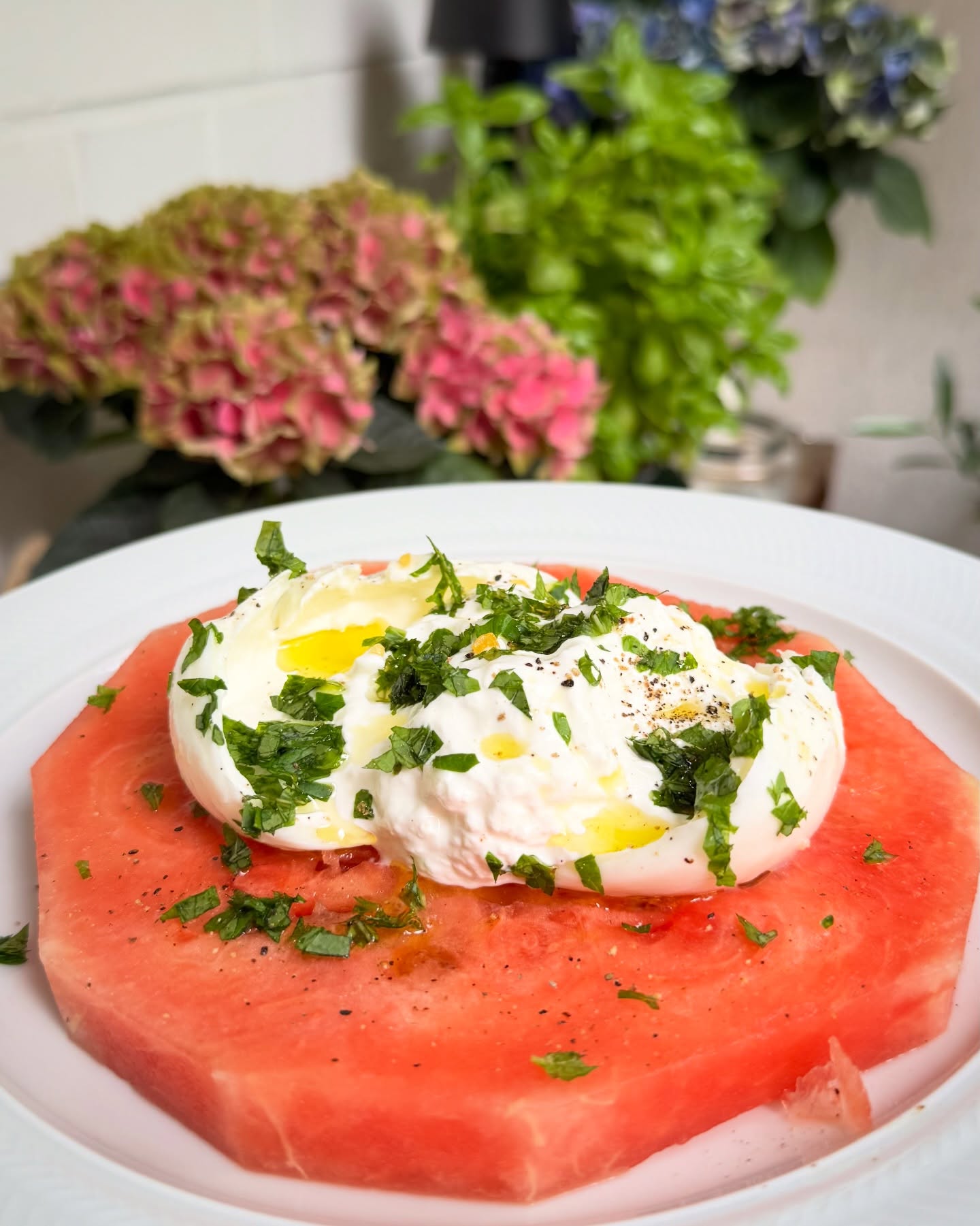 Wenn es draußen warm ist, ist so eine Scheibe Wassermelone mit Burrata, Olivenöl und frischer Minze ein leckeres und erfrischendes Abendessen. Abgeschmeckt mit frisch gemahlenen Pfeffer aus der Mühle und Zitronen-Salz.  Statt Burrata geht genauso gut Mozzarella oder auch Feta. Burrata allerdings bringt eine Cremigkeit mit, die ich persönlich total mag. Was auch super passt, die Melone von beiden Seiten angrillen.  So schmeckt der Sonmer, oder was sagt ihr?  #wassermelone #burrata #minze #sommergericht #soschmecktdersommer